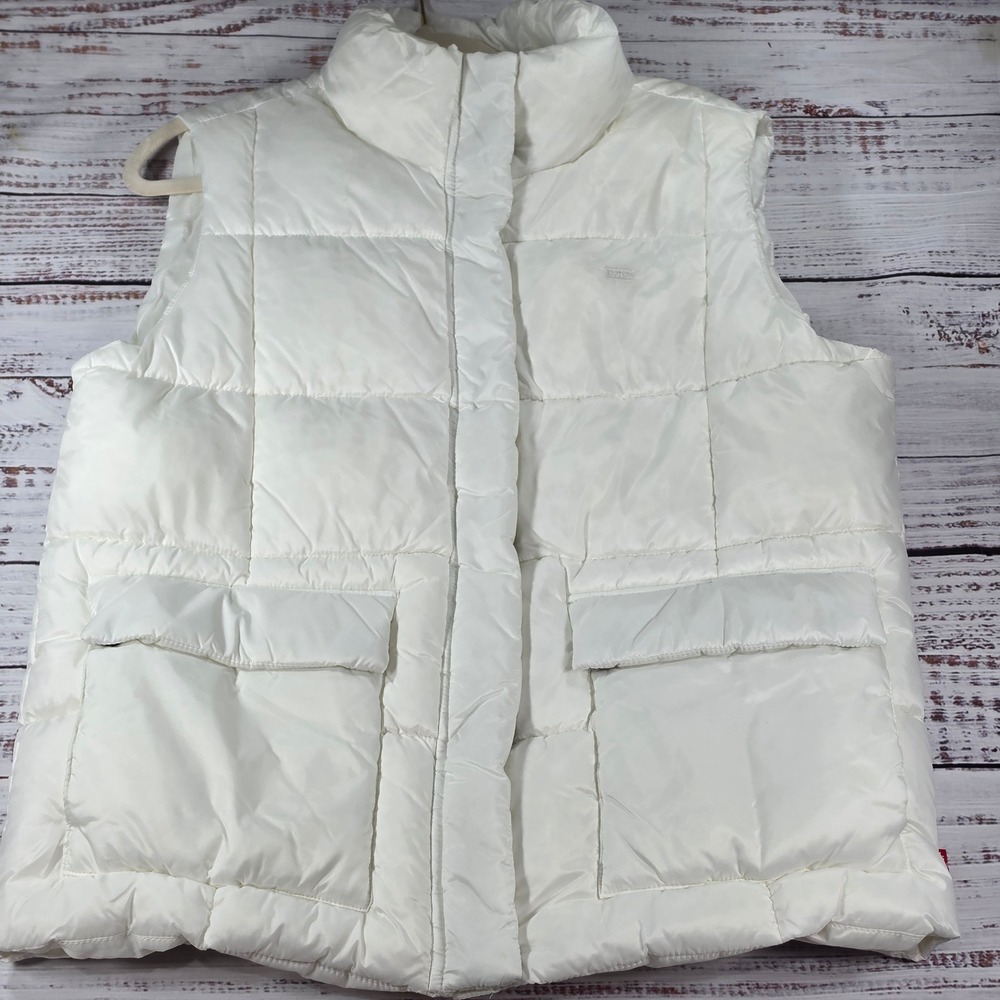 Levis Puffer Vest Womens Large White Good Quilted Zip Snap Pockets Layer